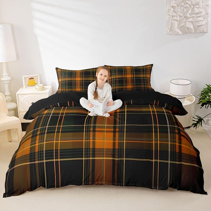 Erosebridal Orange Black Geometric Duvet Cover Full Grid Checkered Comforter Cover for Kids Teens Rustic Farmhouse Cabin Decor Bedding Set Retro Stripes Lines Bed Set with Zipper