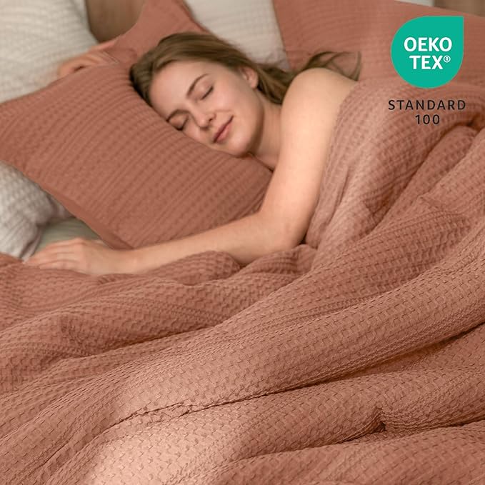 PHF Soft Waffle Comforter Set Queen Size- Comfy Breathable Waffle Weave Comforter with 2 Pillow Shams, 3 Pieces Less Snagging Lightweight Textured Bedding Set for All Season, Terracotta