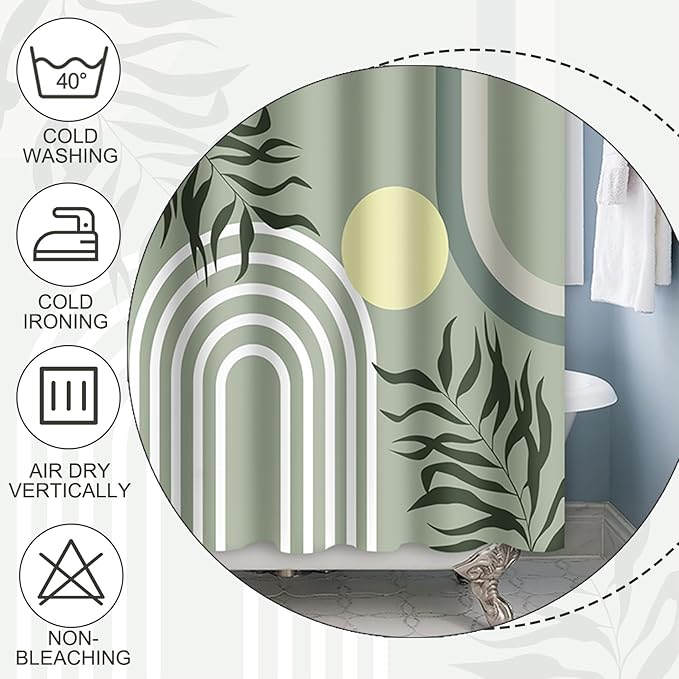 Baocicoo Green Minimalism Boho Shower Curtain Mid Century Abstract Sun Shower Curtain for Bathroom Modern Hostel Hotel Durable Polyester Waterproof Curtain for Bathroom with Hooks 72x84 Inches