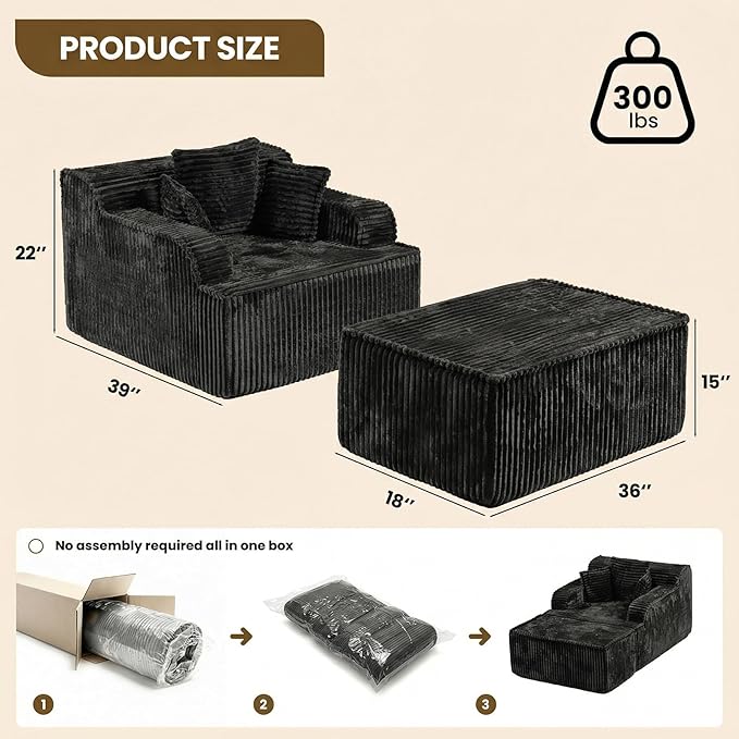 Chaise Lounge Chair Indoor,Boneless Chair with Ottoman,Comfy Reading Chair for Adults,Small Sofa Bed Couch for Living Room,Single Sleeper Chair Bed,Black
