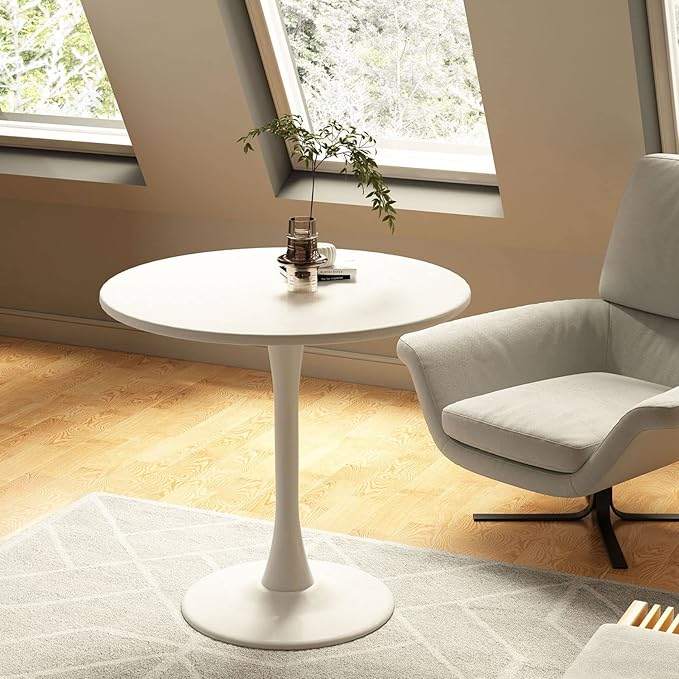 Round Dining Table 31.5" Circle Tulip Table with Wood Thickened Tabletop & Sturdy Metal Pedestal Mid Century Modern Leisure Bistro Kitchen Tables 4 People Small Places Living Room Cafe,White