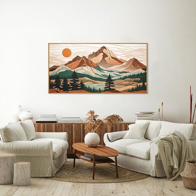 Tinonedraw Mountain Framed Canvas Wall Art, Sunrise Forest Woodland Landscape Art Prints, Boho Ridge Scenery Wall Decor, Wood Pine Wilderness Art Paintings for Living Room Bedroom Office 20"x40"