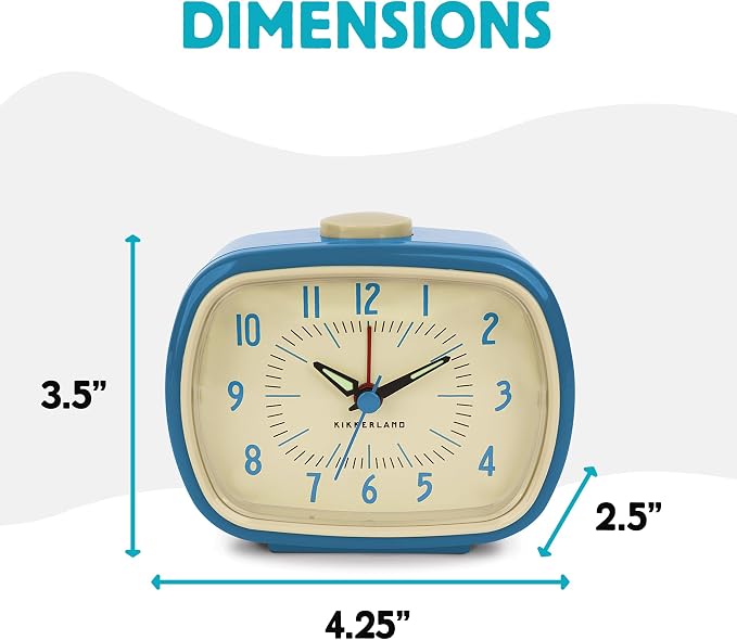 Kikkerland Retro Alarm Clock – Vintage Decor for Bedroom, Nightstand, Living Room, or Office – Battery Operated, Decorative Analog Clock, Blue