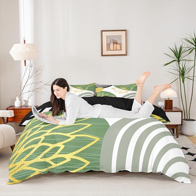 Erosebridal Mid Century Modern Queen Comforter Cover for Kids Teens Adults - White and Green Abstract Duvet Cover Boho Minimalist Aesthetic Bed Set Chic Modern Geometric Bohemian Floral Bedding Set