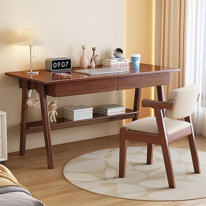 Solid Wood Writing Desk, Mid-Century Modern Desk with 2 Drawers and Storage Shelf, Home Office Computer Desk, Easy Assembly(47inches, Walnut)