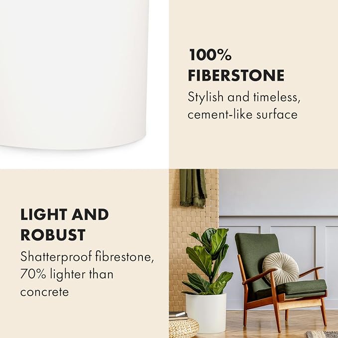 Fox & Fern Large Indoor Planter, Modern Large Plant Pot for Indoor or Outdoor, UV and Frost Resistant - Set of 2: 12 and 14.6 Inch, Fiberstone, White Flower Pot with Drainage Plug, Lightweight