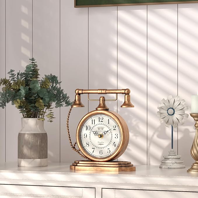 Vintage Table Clock, Desk and Shelf Decor Clock, Gold Antique Telephone Style Mantel Clocks, for Living Room, Farmhouse, Bedroom, Bedside, Gift (7.3" H x 7.3" W)