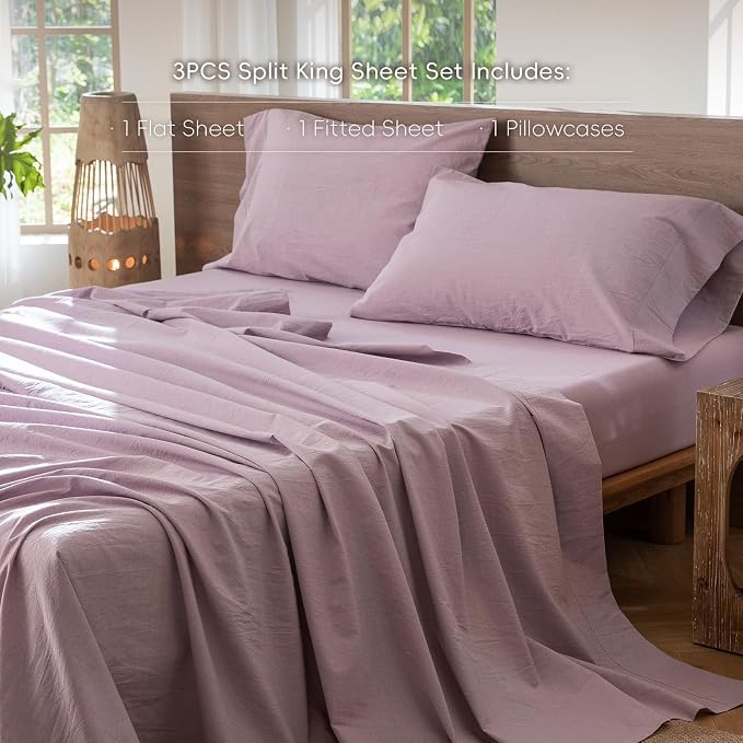 MooMee Bedding Sheet Set 100% Washed Cotton Linen Like Textured Breathable Durable Soft Comfy (Heathered Light Purple, Twin)