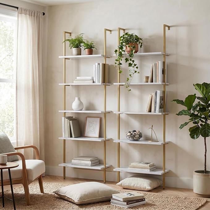 aboxoo Ladder Shelf White Marble Bookshelf 5-Tier Wall-Mounted Wood Rack Industrial Modern Plant Flower Stand Utility Organizer Open Bookcase Metal Frame Furniture Office Kitchen Bedroom
