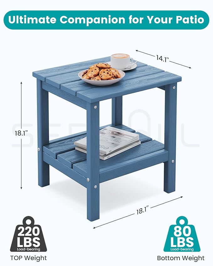 SERWALL 2-Tier HDPE Outdoor Side Tables Set of 4, Weatherproof Rectangular Adirondack Side Table, Blue