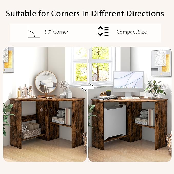 LDAILY Corner Desk, Space Saving 90 Degree Triangle Computer Desk with Storage Shelves & Cable Holes, Wood Compact Corner Writing Table for Small Spaces, Home Office, Bedroom & Living Room, Coffee