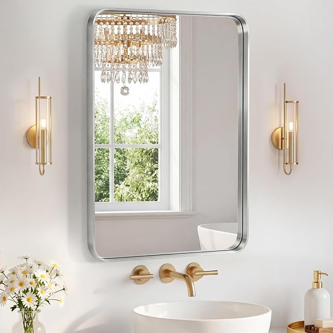 NEWBULIG 22X30 Inch Bathroom Mirror for Over Sink, Wall Vanity Mirrors Tempered Glass, Anti-Rust Metal Framed Rounded Rectangle, Hangs Horizontally or Vertically, Farmhouse Home Decor, Silvery