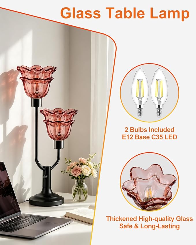 Lightdot Mid Century Modern Flower Table Lamp Dimmable Nightstand Lamp Red Glass Vintage Black Desk Lamp 2 Bulbs Included Warmwhite Ambient Bedside Lamps for Living Room Bedroom Home Office Decor Gift