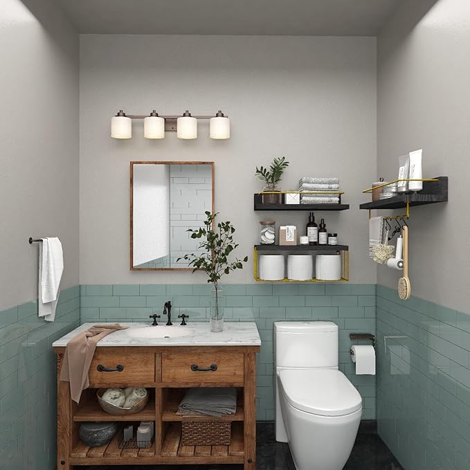 Bathroom Shelves Over Toilet for Wall, Floating Shelves with Storage Basket Paper Holer for Kitchen Living Room, Bedroom & Classroom, Set of 3 (Black and Gold)