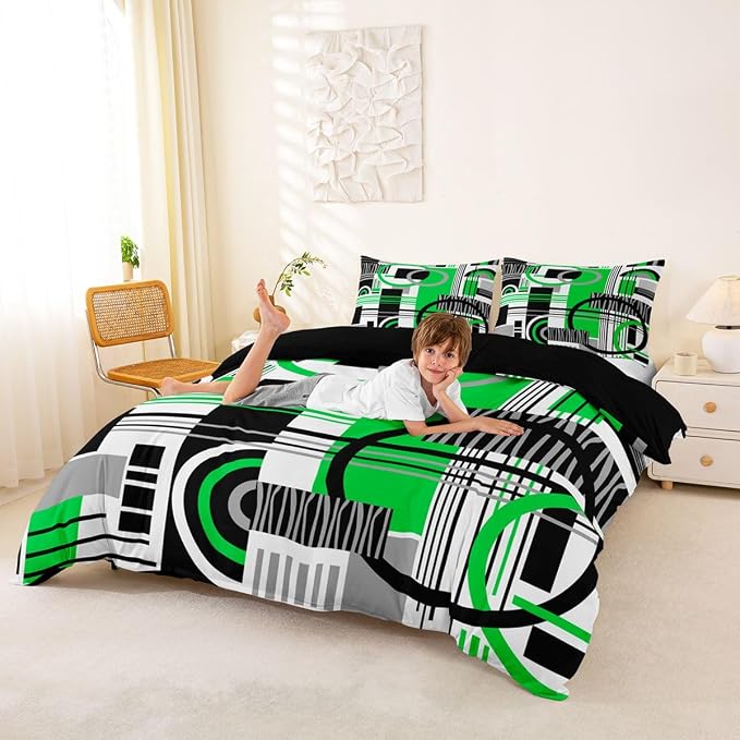 Erosebridal Art Deco Mid Century Duvet Cover Set Retro Modern Abstract Geometric Full Size Bedding Sets for Youth Boys Black and White Green Circles Stripes Comforter Cover Contemporary Bed Set