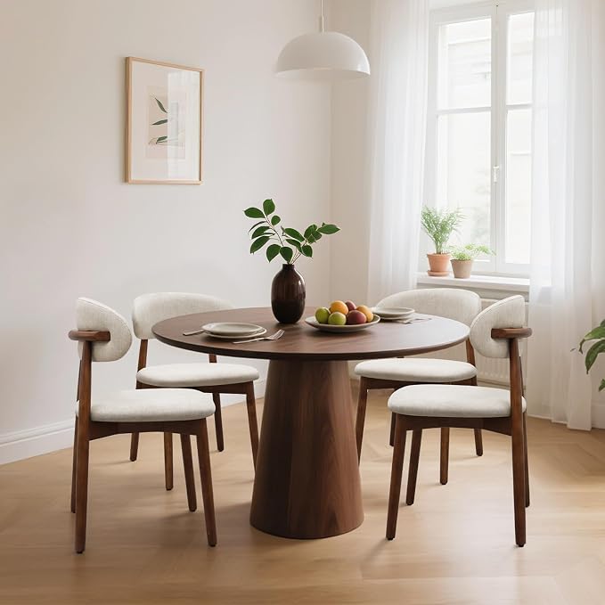 Farmhouse Dining Chairs Set of 8, Mid Century Modern Fabric Upholstered Kitchen Chairs, Wooden Dining Room Chair with Curved Back for Kitchen Dining Room Restaurant Cafe, Warm Gray (Only Chairs)