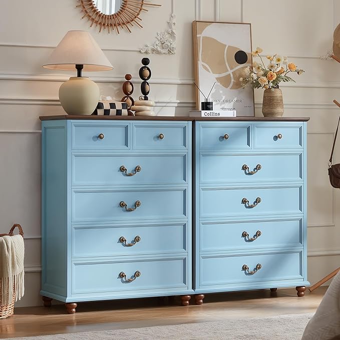 Farmhouse 6 Drawer Dresser Set of 2 for Bedroom, 42" Tall Rustic Chests of Drawers w/ 4 Solid Wood Feet, Mid Century Vintage Wooden Closet Storage Dressers Organizer for Living Room,Light Blue