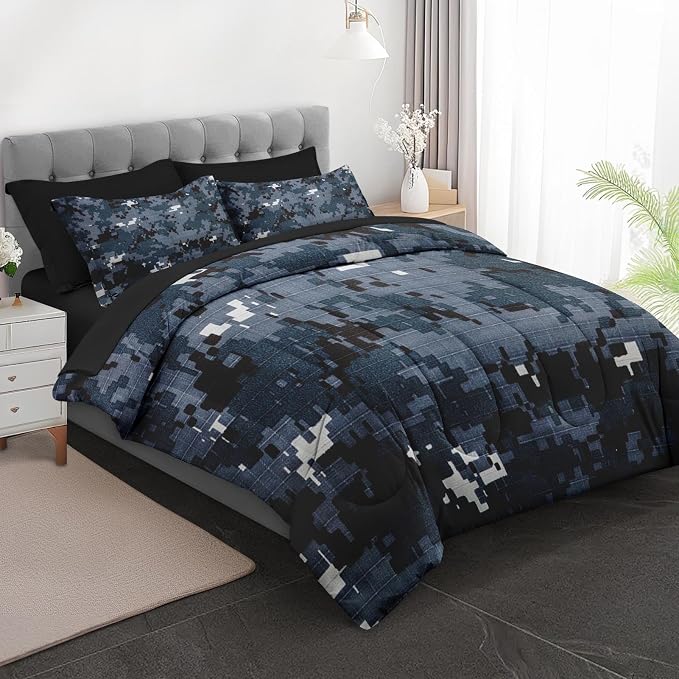 7Pcs Comforter Set Full Size, Digital Navy Blue Camouflage Camo, Bedding Decor Army Military Brown Gray Seal Us Bedroom Bed Set Flat Sheet Fitted Sheet Pillowcases Shams for Kids Adults