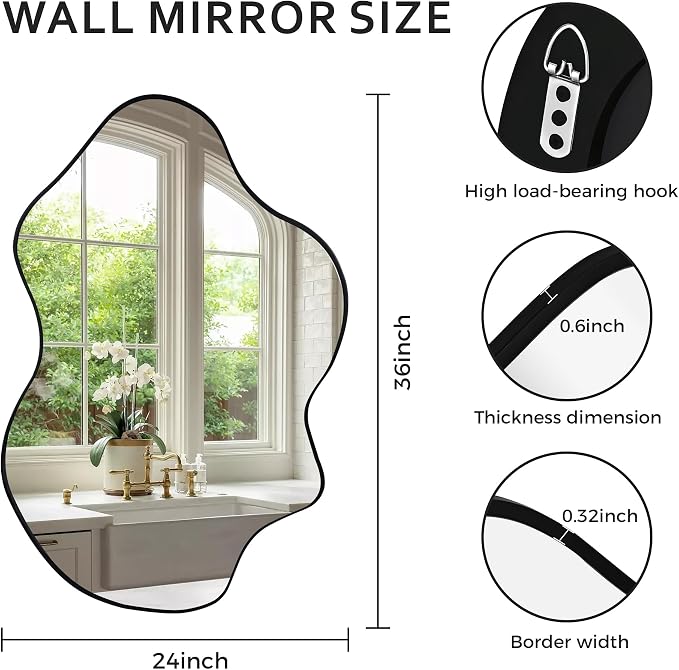Tanmicoshomy Black Bathroom Mirror 24x36 Inch, Asymmetrical Framed Wall Mirrors with Tempered Glass for Bathroom, Bedroom or Living Room, Vertical or Horizontal Hanging