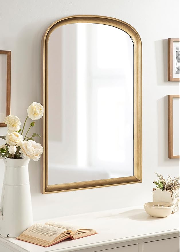 Kate and Laurel Hatherleigh Modern Arched Wooden Wall Mirror, 24 x 36, Gold, Decorative Wood Basket Arch Mirror for Use in Bathroom, Entryway, or Bedroom