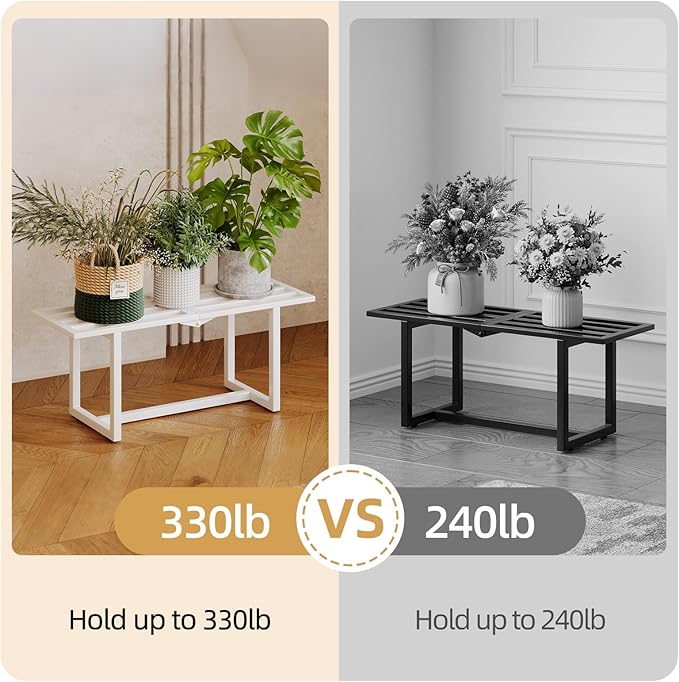 2 Pack Metal Plant Stand, Foldable Heavy Duty Indoor, Window Iron Plant Shelf - Mid Century Modern Slatted Bench for Patio, Garden, Living Room Load Bearing 330 lbs 26" L x 10.4" H x 8.6" W 1 Tier White