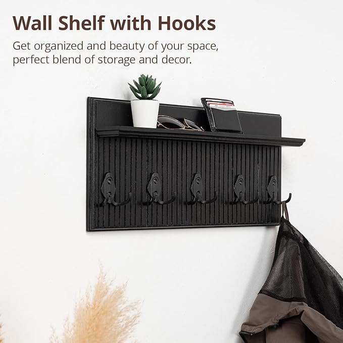 Rustic Wall Mounted Coat Rack with Shelf Wooden Entryway Organizer with 5 Metal Hooks for Coats Hats Towels Keys Floating Storage Shelf for Bathroom Bedroom (Black, 45 inch Striped 8 Hooks)