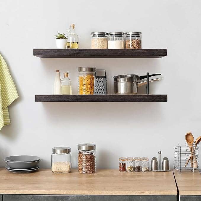Axeman Floating Shelves for Wall, 24 Inch Wood Floating Shelves Set of 2, 24W x 8D Rustic Floating Wall Shelves for Living Room Bedroom Laundry Room Garage Farmhouse - Dark Walnut