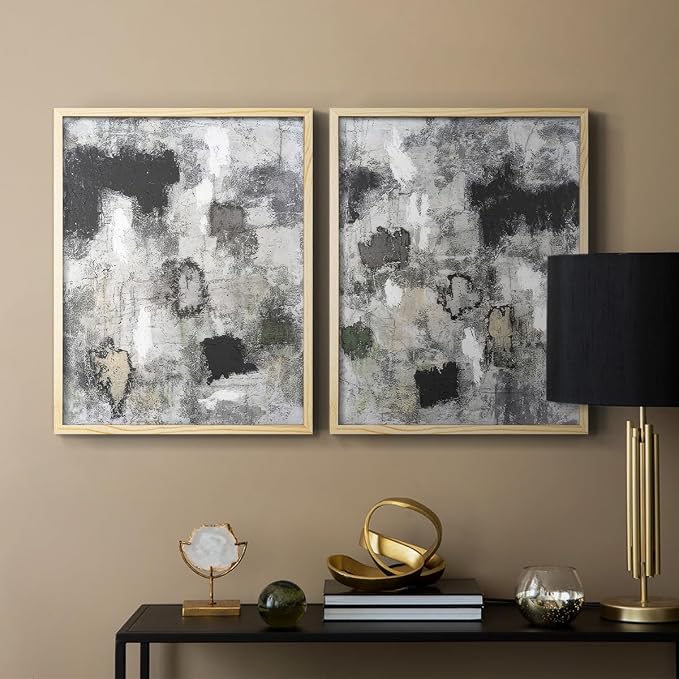 Renditions Gallery Set of 2 Peel & Stick Framed Prints, Abstract Wall Art, Hand Painted Black and White Pattern Wall Decor, Re-Stickable - Ready to Hang - 8"x10" - NATURAL WOOD Frame LT588