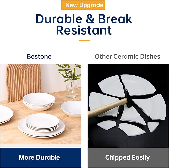 Bestone 12-Piece Round Porcelain Dinnerware Set, Service for 4, Chip Resistant Plates and Bowls,White, Dishwasher & Microwave Safe for Home Daily Use