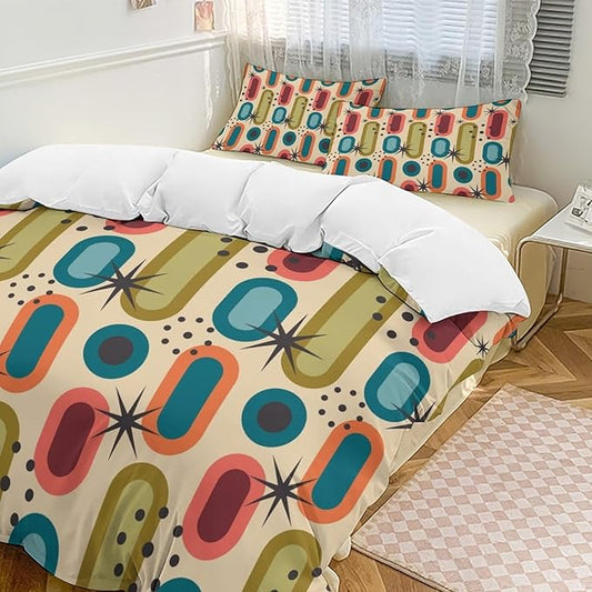 Colorful Aesthetic Comforter Cover Geometry Bed Set, Retro Atomic Duvet Cover，Modern Mid Century Bedding Sets，Aesthetic Abstract Art Bedding 3 Piece (1 Duvet Cover 90"x90" + 2 Pillow Sham 20"x30")