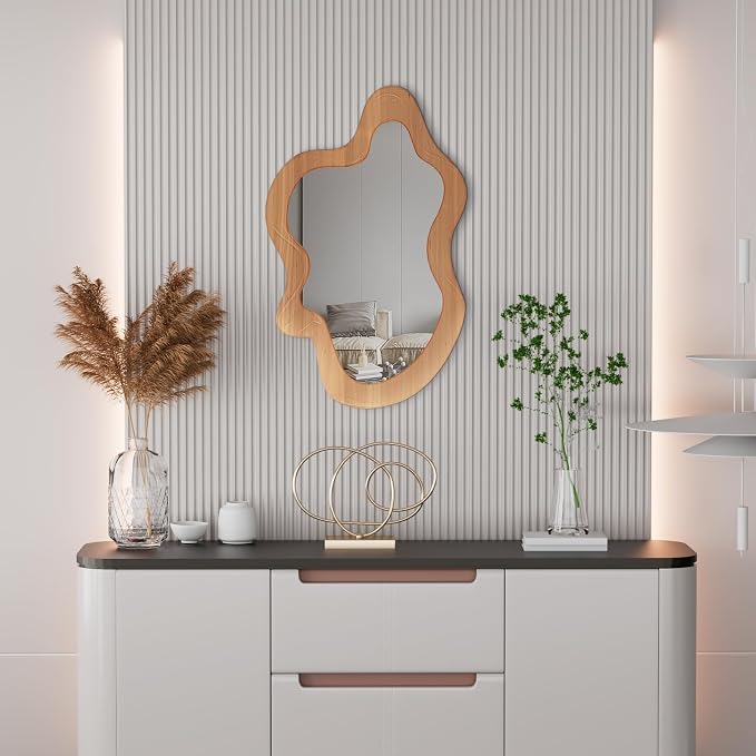 36" x 24" Irregular Wall Mirror, Wooden Framed Asymmetrical Wavy Wall Mirror for Living Room Bedroom Entryway Bathroom Modern Decorative, Hanging Hooks