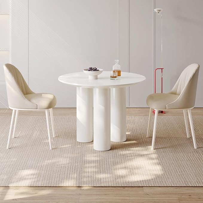 39.37" White Dining Table for 2-4 Round Kitchen & Dining Room Tables with Thicken Tabletop and Wooden Legs Circle Leisure Coffee Dinette Table for Kitchen, Living Room, Office