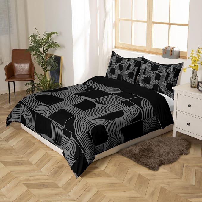 Erosebridal Black and Gray Toddler Bedding Set Boys Bohemian Geometric Comforter Cover for Kids Teens Youth Adult Mid Century Abstract Duvet Cover Boho Stripes Minimalist Bed Sets with 1 Pillow Case