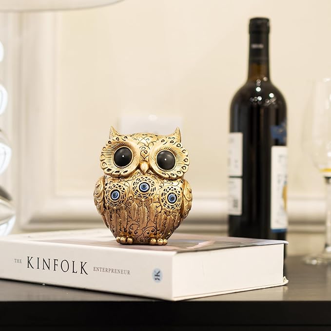 Owl Statue Home Decor Accents with Evil Eye.Gold Decor for Bookshelf, Bedroom, Living Room, Office, Table and Shelf.Vintage Owl Figurines Gifts for Birds Lover.Cute Small Animal Sculptures.
