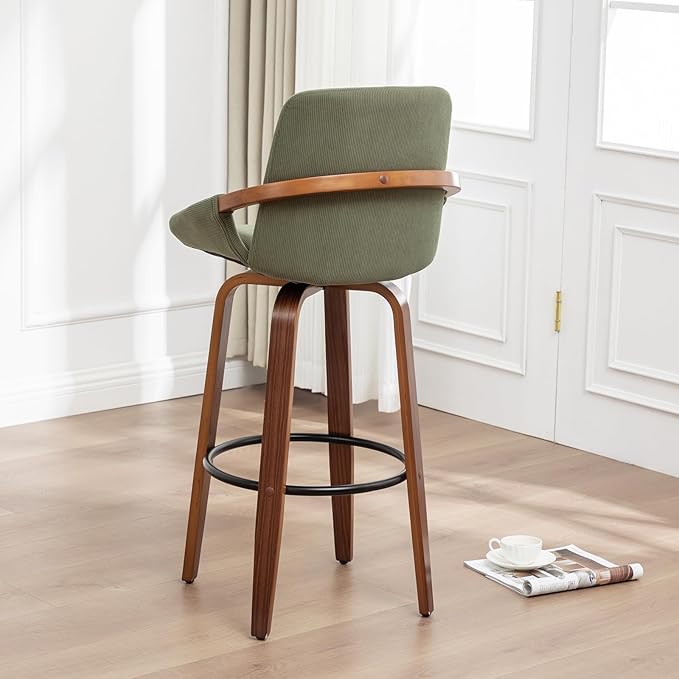 LUNLING 25.6" Counter Height Barstools Set of 2 Mid Century Modern Retro Bar Chairs Green Modern Corduroy Fabric Upholstered and Walnut Wood Frame for Home Bar Furniture,Green
