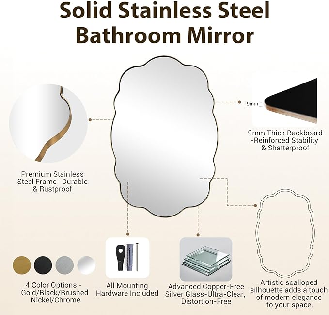 ANDY STAR Brushed Gold Wavy Oval Scalloped Mirror - 24x32 Wavy Modern Bathroom Mirror, Brass Anti-Rust Stainless Steel Frame, Hang Vertical or Horizontal