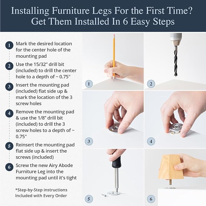 Airy Abode Premium Ash Wood Square Furniture Legs (Full Install Kit) - Pick Your Size and Color