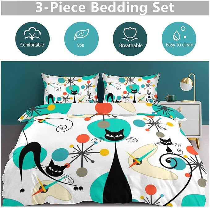 Mid Century Cat Bedding Set,Retro Black Cat Atomic Diamond Star Abstract Geometric Minimalist Simple Modern Comforter Set with Pillowcase for Bedroom Bed Decor,King 102"x90"