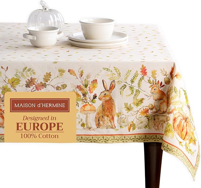 Maison d' Hermine Table Cloth Rectangle Table 100% Cotton 70 x 90 Inches Fall Tablecloth Reusable Everyday Use for Thanksgiving Christmas Decorations Dining Farmhouse Party (Pumpkin Passion)