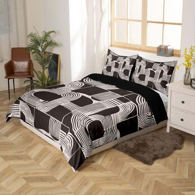 Erosebridal Brown and Beige Kids King Bedding Set Bohemian Geometric Comforter Cover for Boys Teens Adult Mid Century Abstract Duvet Cover 3-Piece Boho Stripes Minimalist Bed Sets Bedroom Decor
