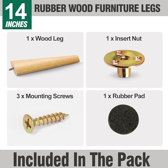 FoDau770 Rubber Wood Furniture Legs 14 Inches, 5/16" UNC Slant Tapered Wood Feet Mid Century Sofa Legs, Wooden Furniture Feet Replacement Parts for Cabinet Couch Dresser Chair Ottoman Table