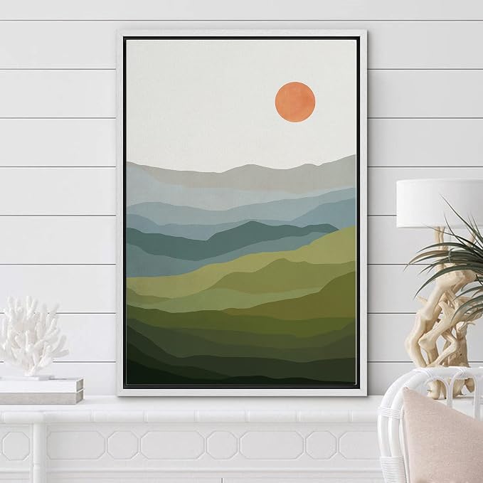 Woodrose Framed Canvas Print Wall Art Green, Blue & Gray Mountain Landscape Abstract Shapes Illustrations Modern Art Minimalist 3D Colorful Ultra for Living Room, Bedroom, Office - 16"x24" WHITE