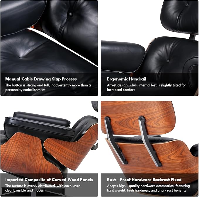 Top Black Grain Leather, Mid Century Chaise Lounge Chair and Ottoman, Accent Chair, Modern Chair, Classic Design, Heavy Duty Base Support for Living Room Lounge Office, Palisander, Heightening