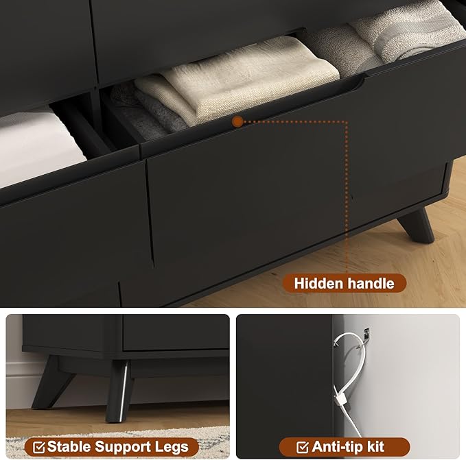 Dresser for Bedroom with 8 Drawers, 55" Large Dresser & Chest of Drawers with Charging Station, Wood Closet Clothes Storage Tall Dressers Organizer for Bedroom Living Room Hallway (Black)