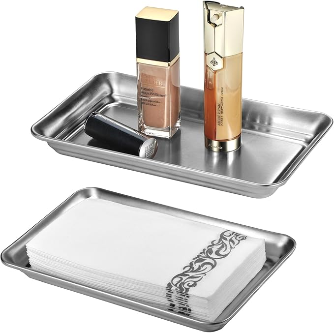 Vintage Farmhouse Decor Metal Vanity Tray, Countertop Guest Hand Towel Storage Organizer Tray Dispenser, Sturdy Holder for Perfume, Cosmetics, Jewelry, Makeup Bathroom Organizer - Stainless Steel