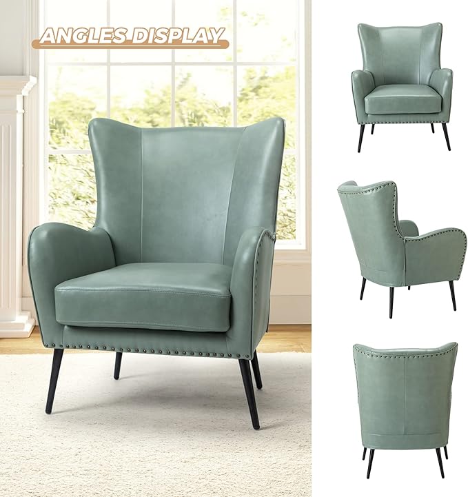 HULALA HOME Faux Leather Accent Chair with Removable Cushion, Comfy Upholstered Armchair with Black Metal Legs & Nailhead Trim Wingback Vanity Chair for Bedroom Reading Living Room, SAGE