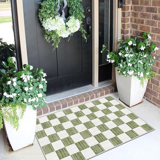 Front Door Mat Outside Entrance - 2x3 Green White Non-Slip Washable Doormat Indoor Outdoor Mat Entry Rug Geometric Checkered Small Layered Area Rug for Entryway Kitchen Front Porch Decor