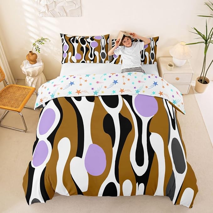 Erosebridal Organic Abstract Duvet Cover Set Modern Contemporary Queen Bedding Set for Kids Boys Boho Mid Century Wavy Lines Comforter Cover Retro Geometric Bed Sets,Brown Lavender