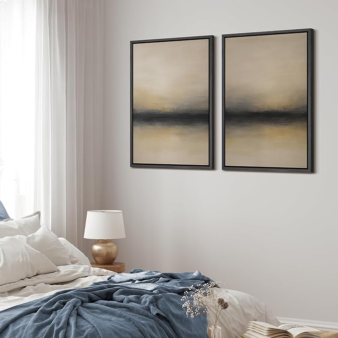 MUDECOR Framed Canvas Print Wall Art Abstract Sunset Horizon Modern Minimalist Beige and Black Illustrations Modern Art Decorative Bohemian Colorful for Living Room, Bedroom, Office - 24"x36"x2 Black
