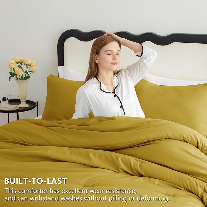 CozyLux Queen Comforter Set Mustard Yellow, 3 Pieces Lightweight Comforters Queen Size Bedding Sets, All Season Breathable Solid Down Alternative Comforter with 2 Pillowcases, Bed Set Gift for Home